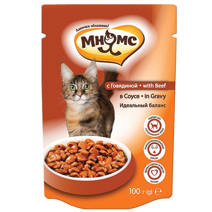 Влажный корм "Мнямс. Идеальный баланс" для взрослых кошек, говядина в соусе, пауч, 100 г