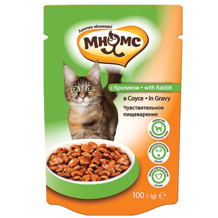 Влажный корм "Мнямс" для кошек, чувствительное пищеварение, кролик в соусе, пауч, 100 г