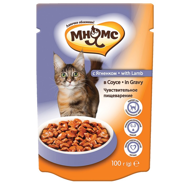 Влажный корм "Мнямс" для кошек, чувствительное пищеварение, ягненок в соусе, пауч, 100 г 221422