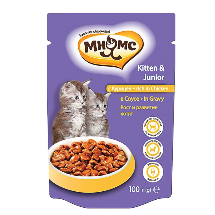 Влажный корм "Мнямс" для котят, рост и развитие, курица в соусе, пауч, 100 г
