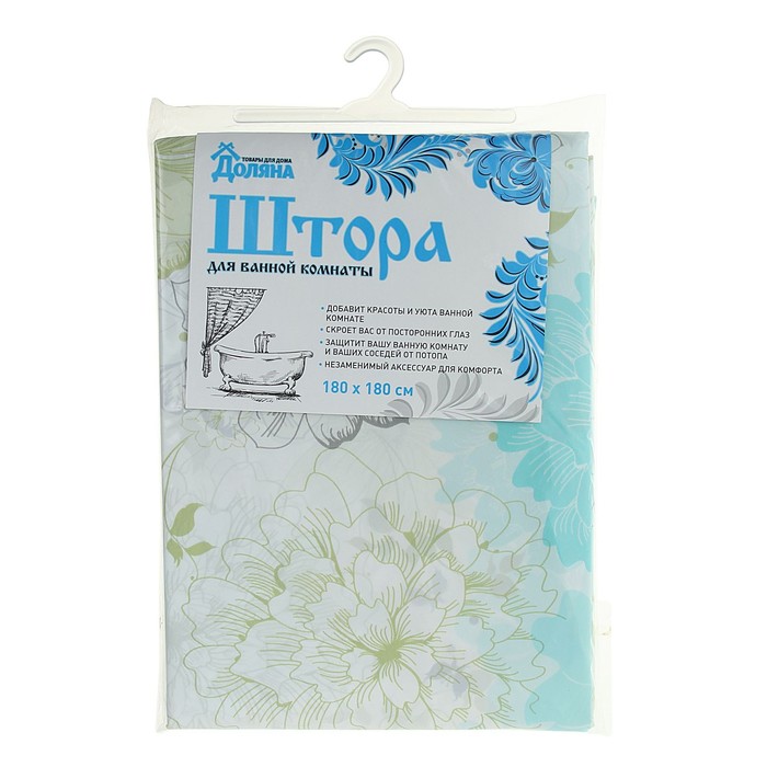 Штора для ванной 180х180 см "Голубые цветы", PEVA