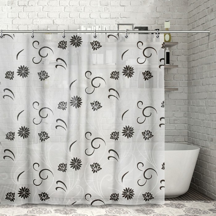 Штора для ванной 180х180 см "Черно-белые цветы", PEVA