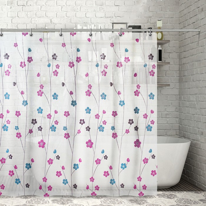 Штора для ванной 180х180 см "Цветы розовые", ПВХ, прозрачная