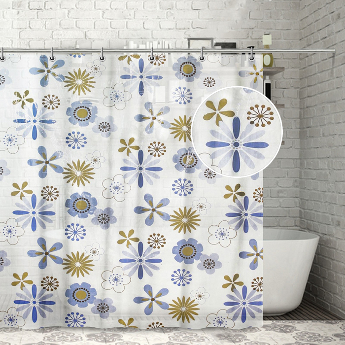 Штора для ванной 180х180 см "Цветы голубые", ПВХ, прозрачная