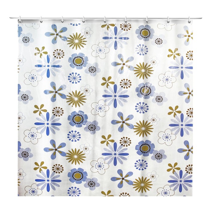 Штора для ванной 180х180 см "Цветы голубые", ПВХ, прозрачная