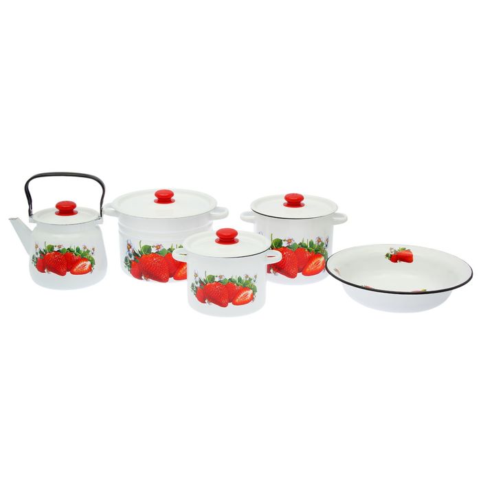 Набор посуды "Клубника садовая", 5 предметов: кастрюли 3,5 л, 5 л, 8 л, чайник 3,5 л, миска 4 л
