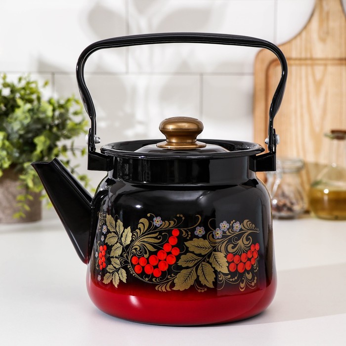 Чайник «Рябина», 2,3 л, эмалированная крышка, индукция, цвет красно-чёрный, деколь МИКС чайник 1 л деколь микс керченская эмаль 7183354