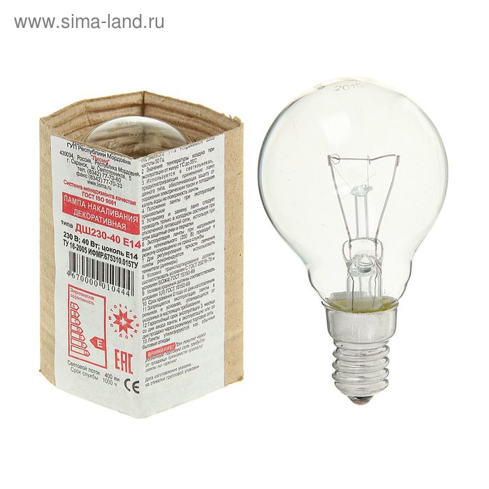 Лампа накаливания Лисма, ДШ, E14, 40 Вт, 230 В