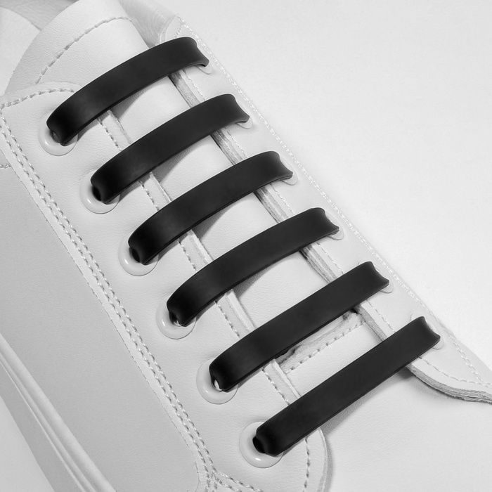 Набор шнурков для обуви, 6 шт, силиконовые, плоские, 13 мм, 9 см, цвет чёрный