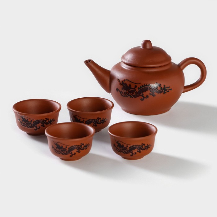 Набор для чайной церемонии керамический «Дракон», 5 предметов: 4 пиалы 25 мл, чайник 200 мл, цвет коричневый набор для чайной церемониибутоны лотосагайвань 100 мл 2 пиалы по 25 мл