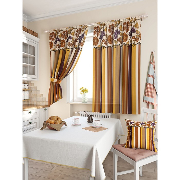 Комплект штор для кухни «Абель», размер 150х180 см - 2 шт и 2 подхвата, цвет коричневый