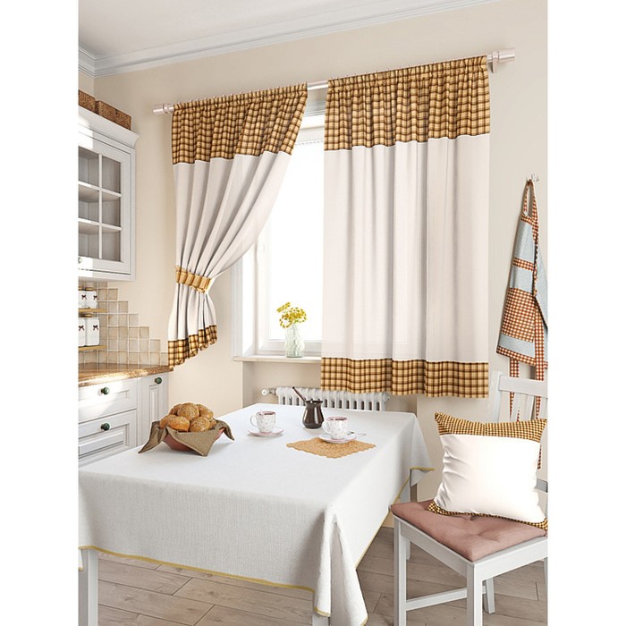 Комплект штор для кухни «Калифа», размер 150х180 см - 2 шт и 2 подхвата, цвет бежевый