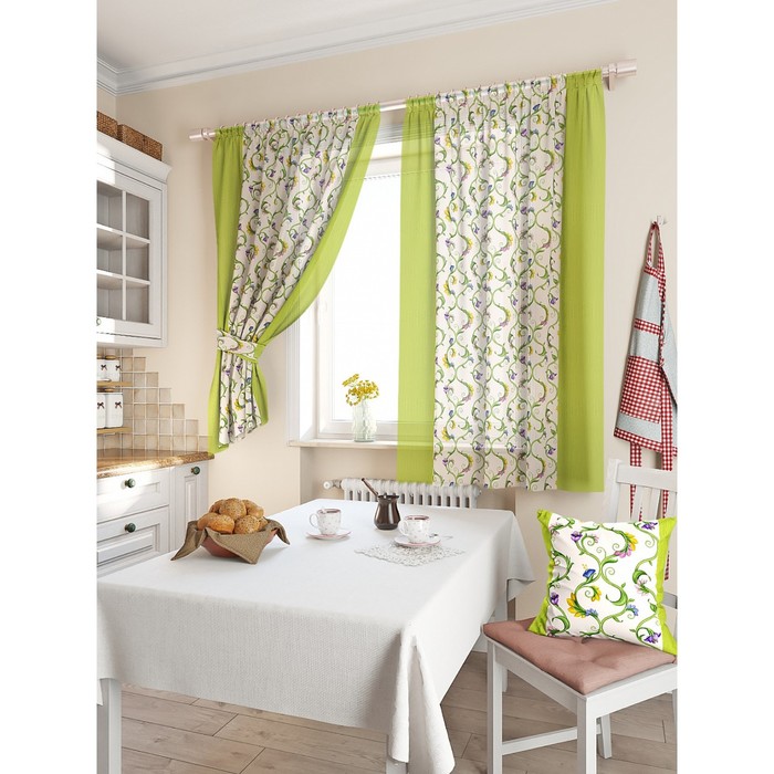 Комплект штор для кухни «Кулидж», размер 150х180 см - 2 шт и 2 подхвата, цвет зелёный