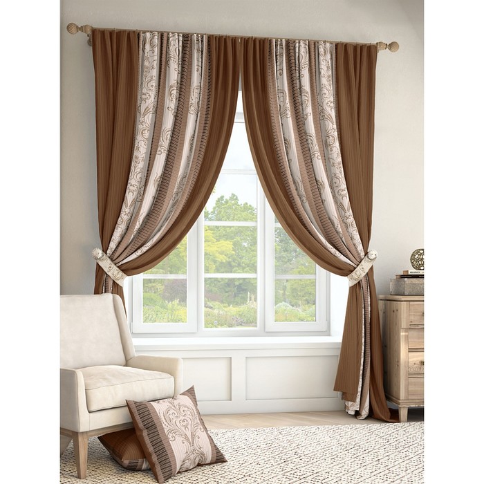 Шторы «Иниц», шторы 225х280 см-2 шт и 2 подхвата, цвет коричневый