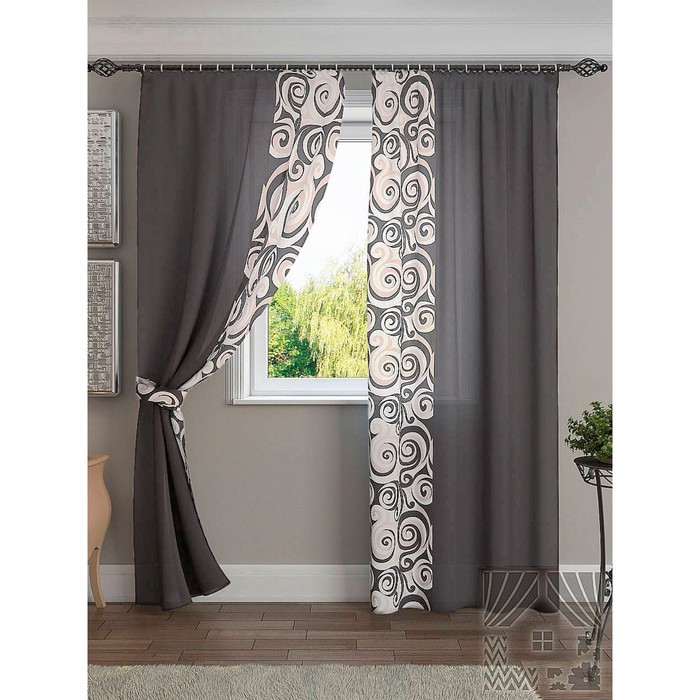 Комплект штор «Хенди», размер 150х280 см - 2 шт и 2 подхвата, цвет серо-коричневый