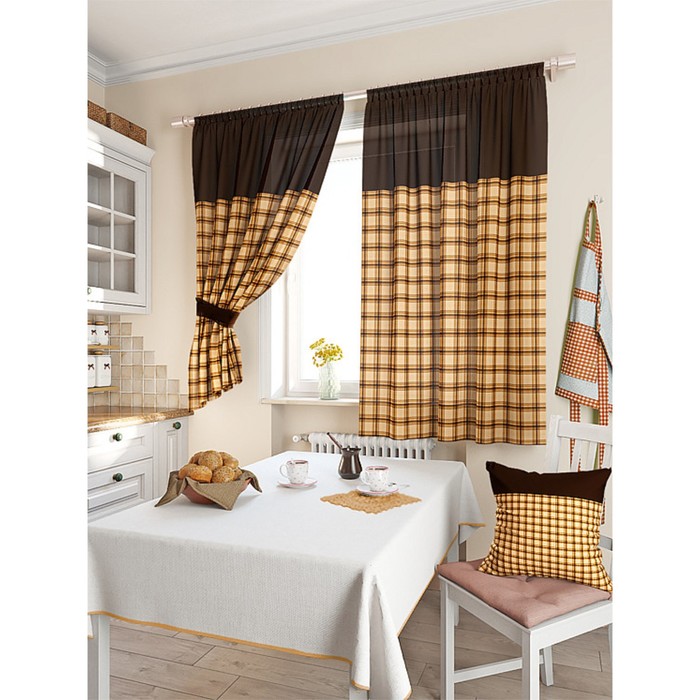 Комплект штор для кухни «Агапан», размер 150х180 см - 2 шт и 2 подхвата, цвет коричневый