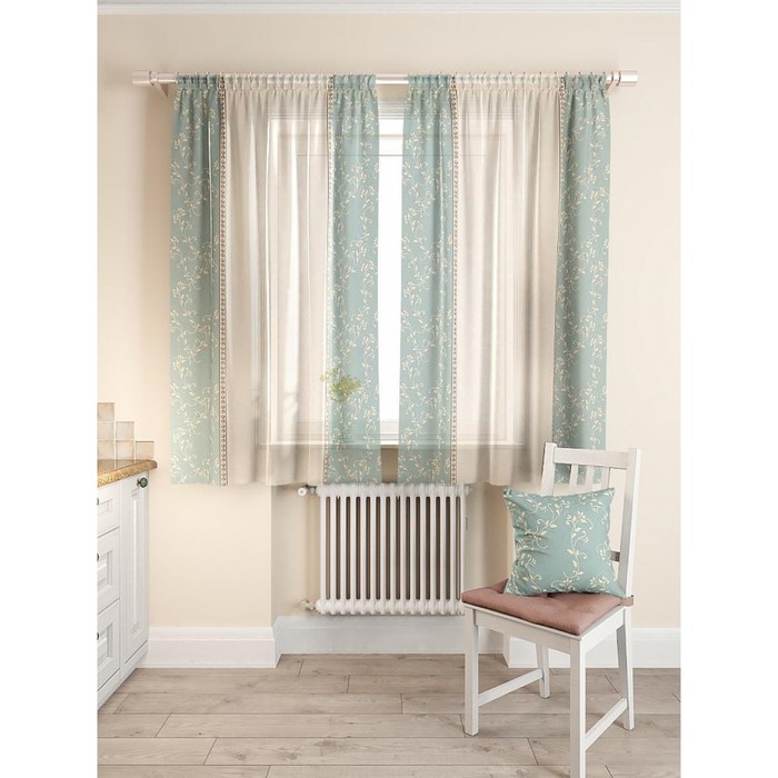 Комплект штор для кухни «Фрема», размер 150х180 см - 2 шт и 2 подхвата, цвет голубой