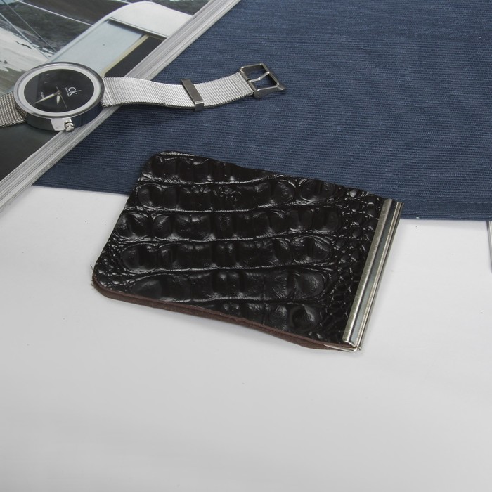 Зажим для купюр, с металлическим держателем, кайман, цвет коричневый