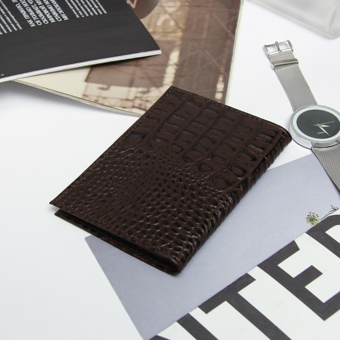 Обложка для автодокументов 12к-93, 5 карманов для карт, коричневый крокодил