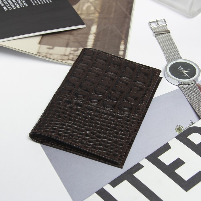 Обложка для автодокументов 12к-93, 5 карманов для карт, коричневый крокодил