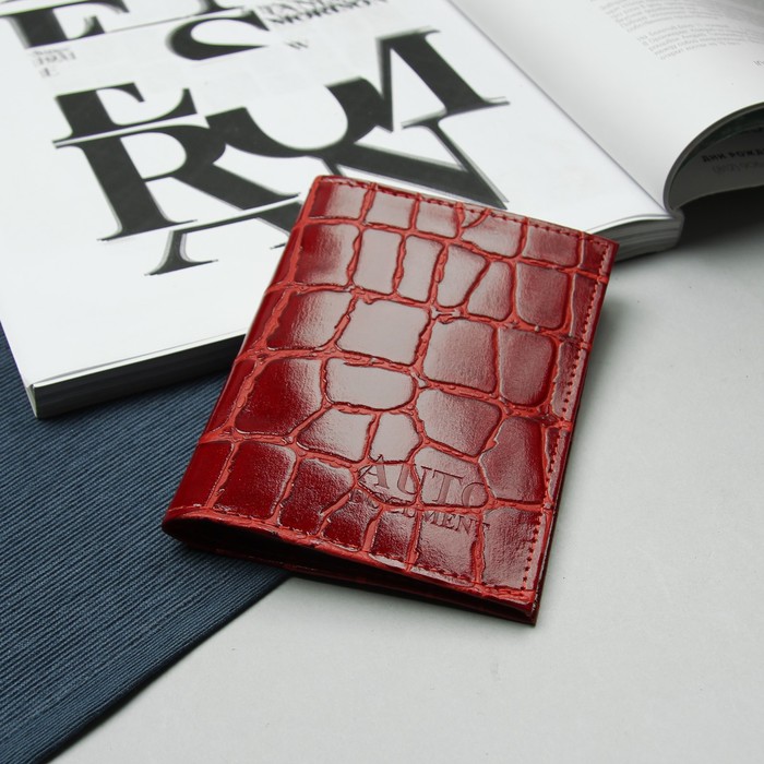 Обложка для автодокументов, 5 отд для карт, 2 отдела для sim-карт, скат, цвет красный