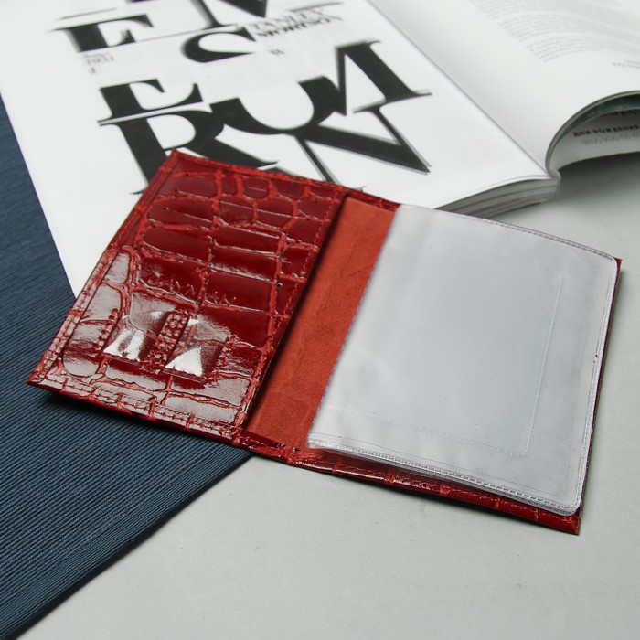 Обложка для автодокументов, 5 отд для карт, 2 отдела для sim-карт, скат, цвет красный