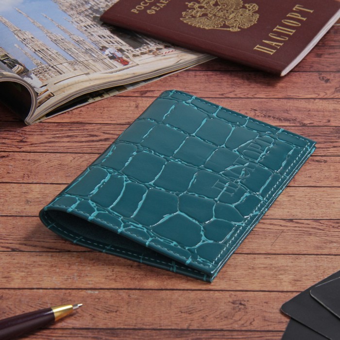 Обложка для паспорта, 5 карманов для карт, скат, цвет бирюзовый