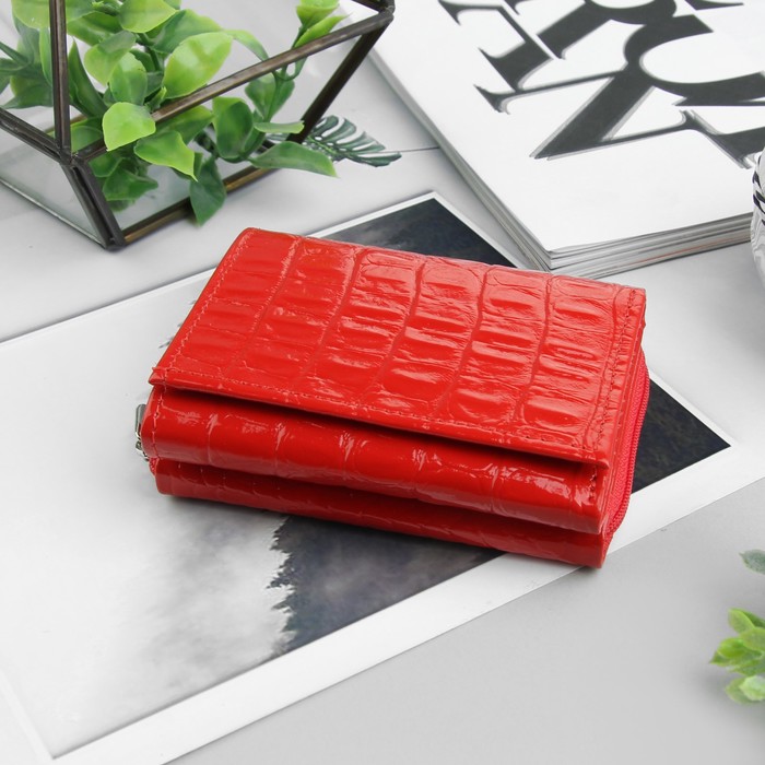 Кошелёк женский, 2 отдела на молнии, 2 отдела, для карт, кайман, цвет алый