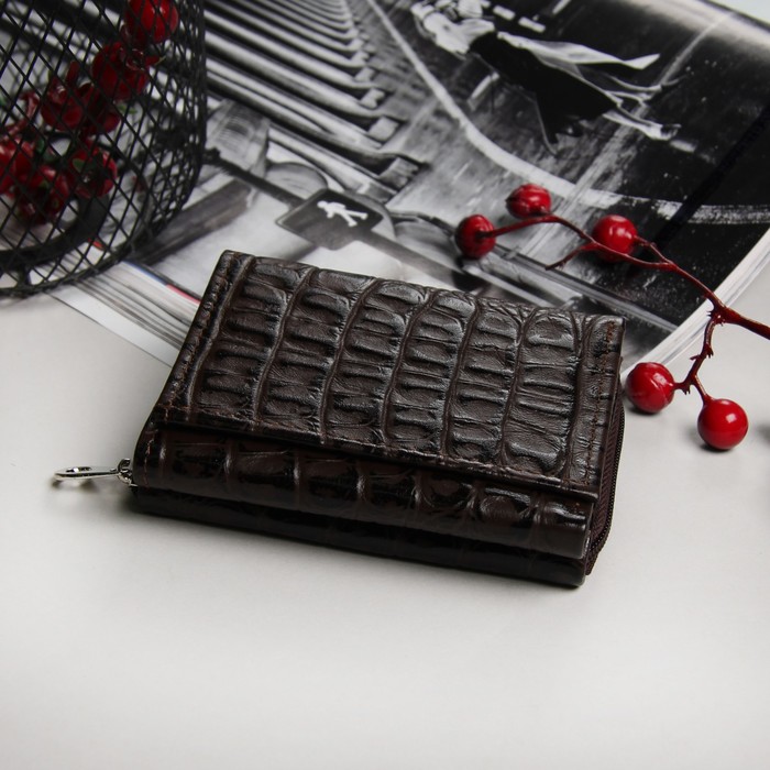 Кошелёк женский, 2 отдела на молнии, 2 отдела, для карт, крокодил, цвет коричневый