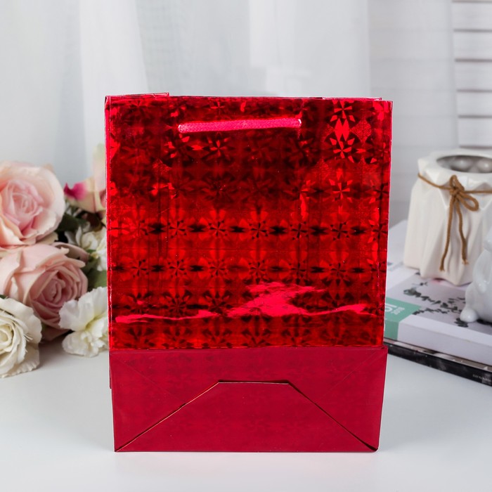 Пакет голографический "Сердечки",18 х 23 х 10 см