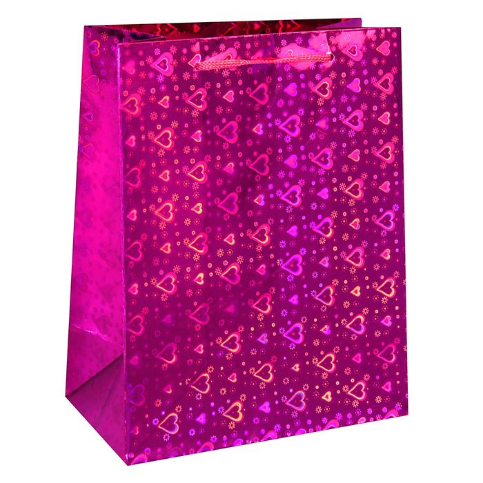 Пакет голографический "Сердечки", 32 х 26 х 10 см