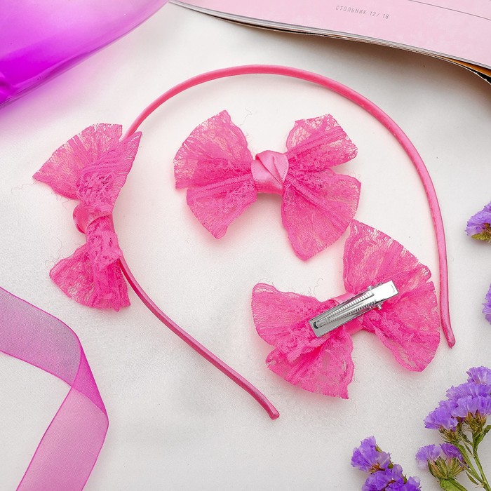 Набор для волос "Кружева" (1 ободок, 2 зажима), розовый