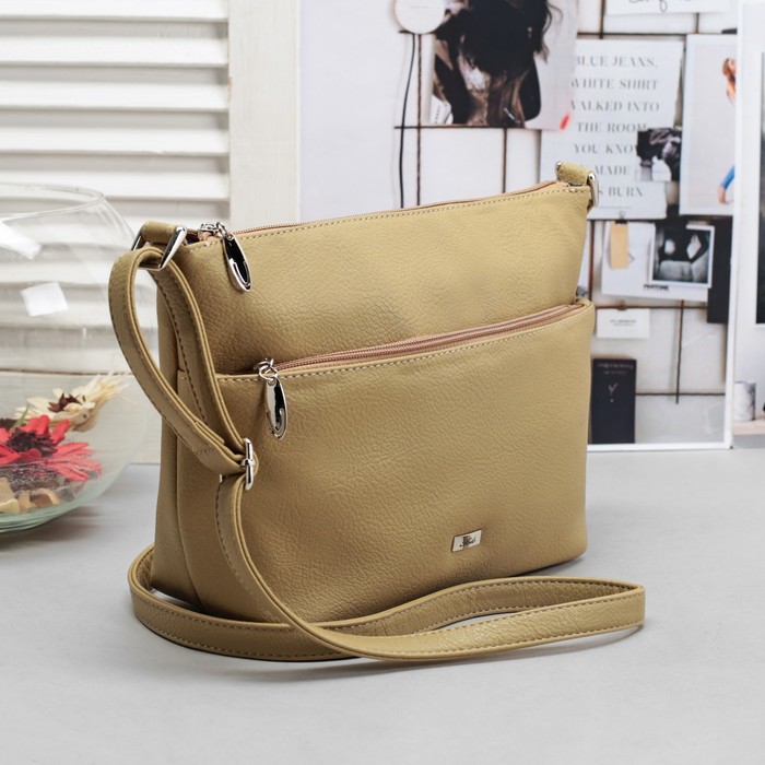 Сумка женская на молнии, 1 отдел с перегородкой, наружный карман, длинный ремень, цвет бежевый