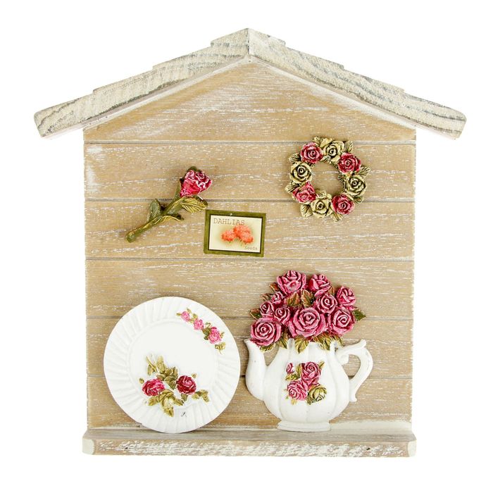 Ключница дерево 3 крючка "Сервиз с розами" 21х21х6 см