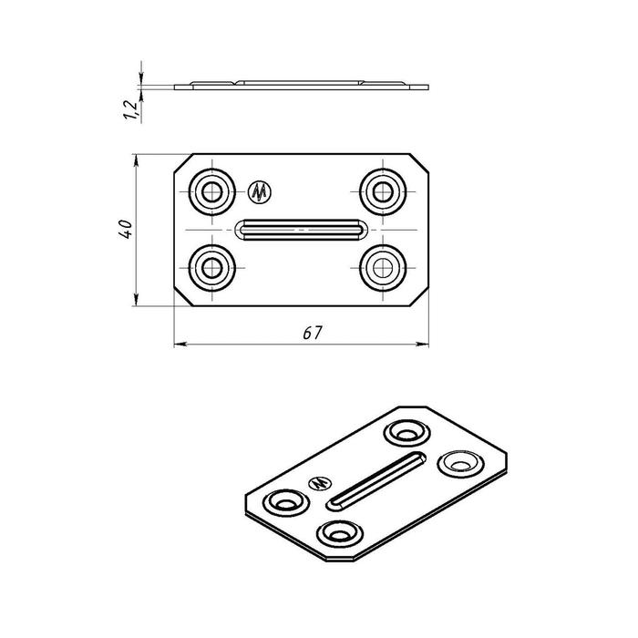 Пластина крепёжная, оцинкованная, 40 х 67 х 1.2 мм