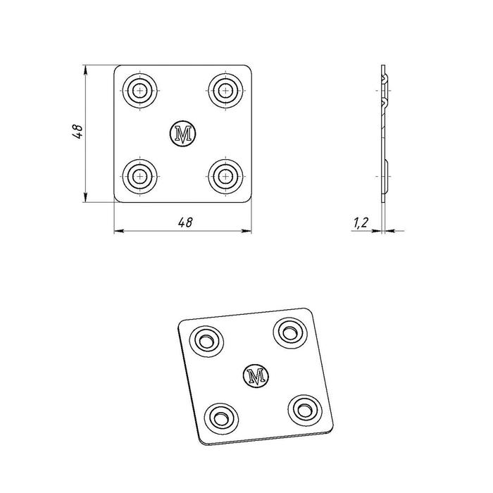 Пластина крепёжная, оцинкованная, 48 х 48 х 1.2 мм