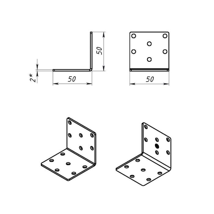 фото Уголок крепёжный 50 х 50 х 50 х 2 мм, оцинкованный металлист
