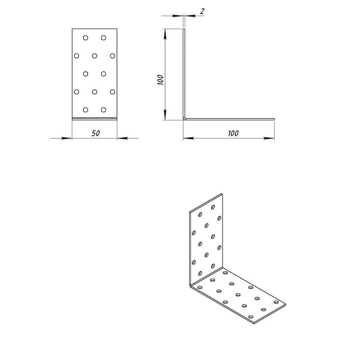 фото Уголок крепёжный 100 х 100 х 50 х 2 мм, оцинкованный металлист
