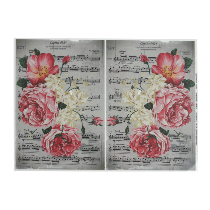 Декупажная карта "Розовые пионы на нотной тетради" плотность 45 г/м2, формат А4