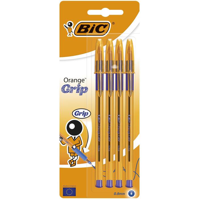 Набор ручек шариковых 4 штуки BIC Orang Grip резиновый упор 0.7 синие чернила, блистер 811928