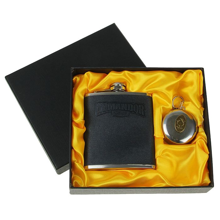 Подарочный набор 2 в 1 "Командор": фляжка 210 мл, чёрная + стакан складной d=5 см