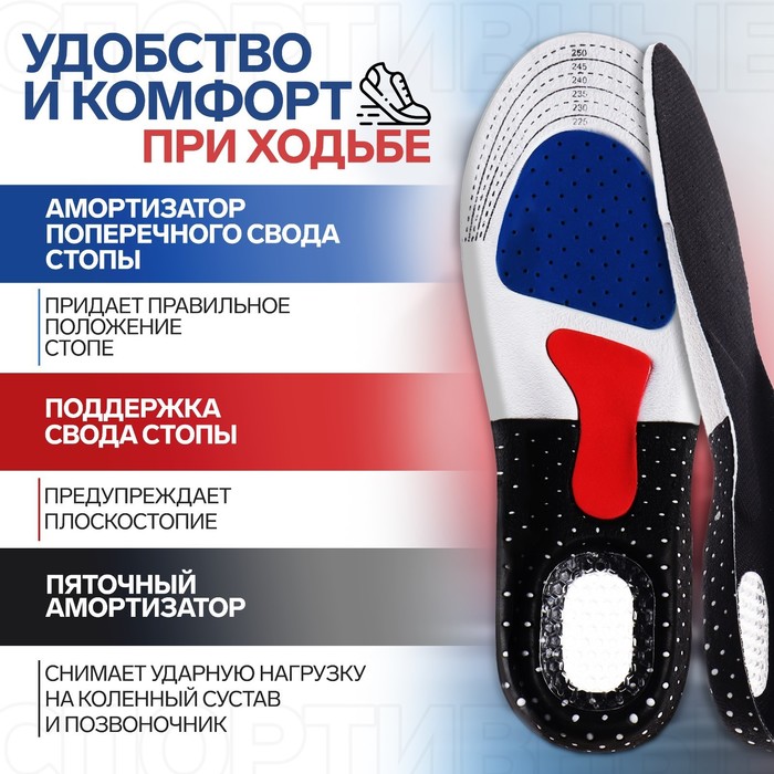 фото Стельки для обуви, универсальные, спортивные, дышащие, р-р ru до 41 (р-р пр-ля до 40), 26,5 см, пара, цвет чёрный stel'kishnurki