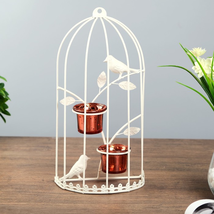 Подсвечник металл 2 свечи "Птицы в клетке" 33х16х9 см