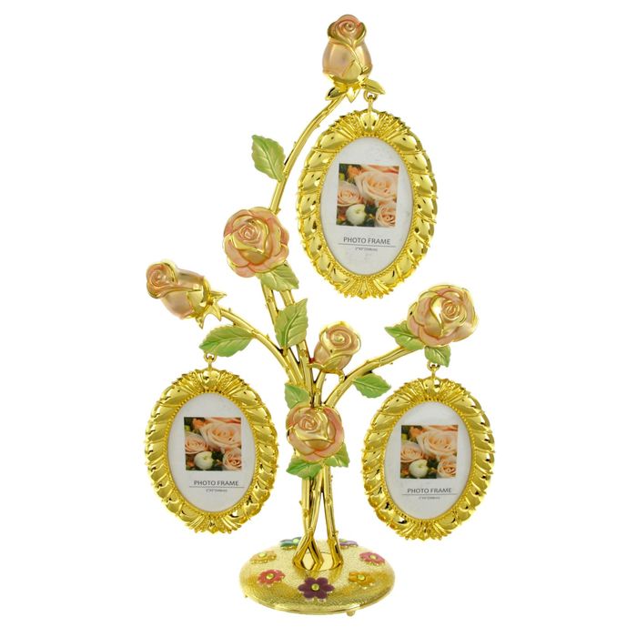 Фоторамка пластик на 3 фото 5х8 см "Дерево с розами" золото 28х18х7,5 см