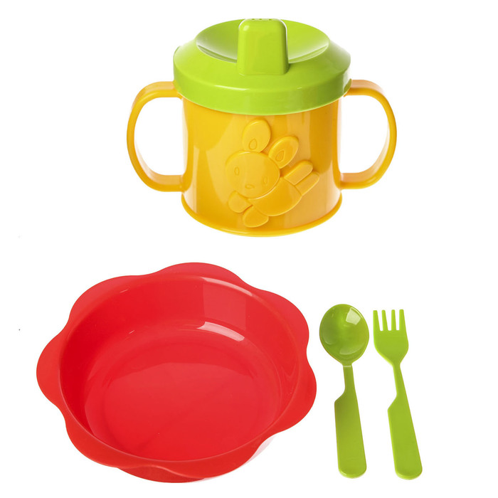 Набор детской посуды, 4 предмета: тарелка глубокая 16 см, кружка-поильник 180 мл, ложка, вилка, от 6 мес., цвет красный/зелёный