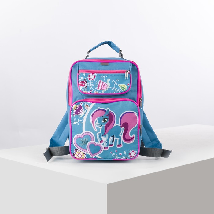 Рюкзак школ 253, 23*15*33, 2 отдела на молнии, 2 н/кармана, голубой/пони