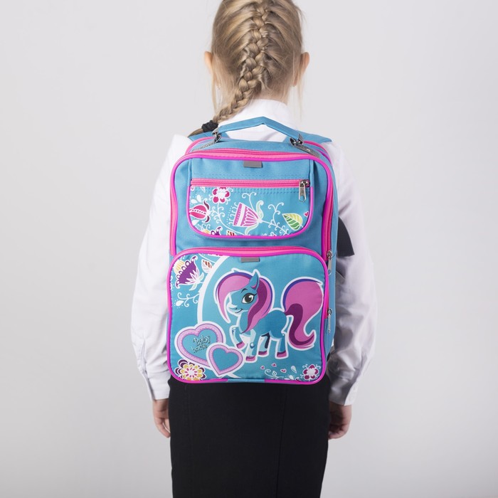 Рюкзак школ 253, 23*15*33, 2 отдела на молнии, 2 н/кармана, голубой/пони