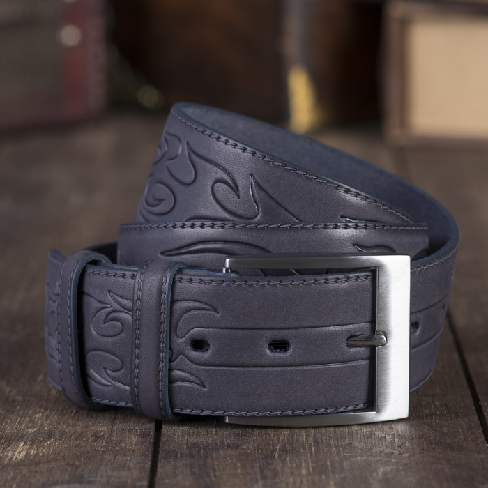 Ремень мужской, винт, пряжка серебро, темно синий