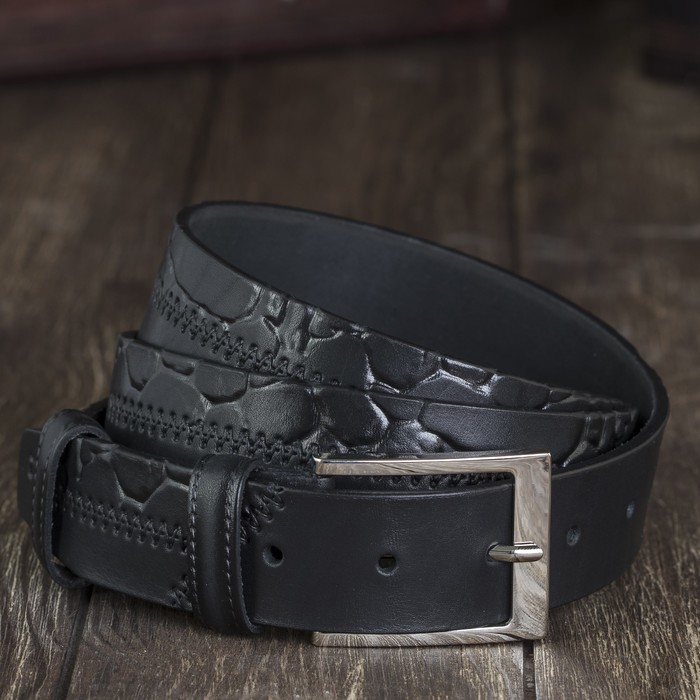 Ремень мужской, пряжка серебро, ширина - 3,5 см, цвет чёрный