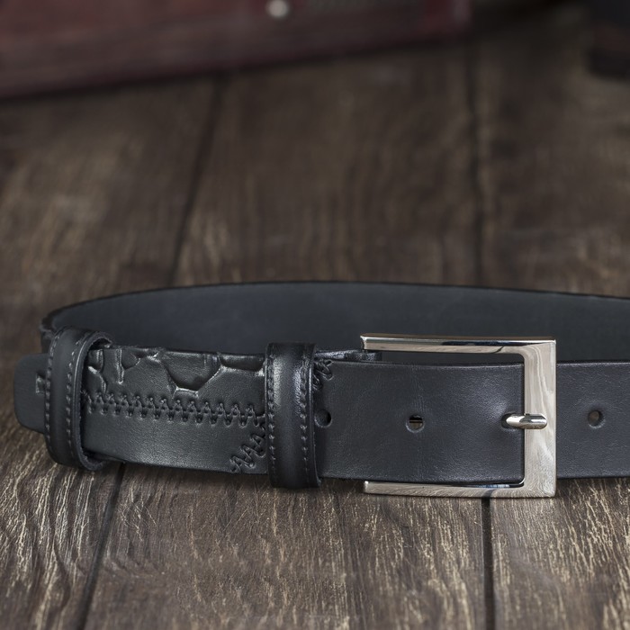 Ремень мужской, пряжка серебро, ширина - 3,5 см, цвет чёрный